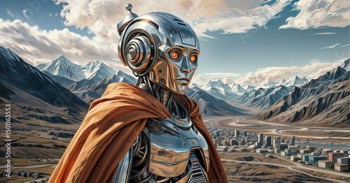 futuristic robot with glowing orange eyes in snowy mountain cityscape for use in sci fi concepts and advanced technology themes