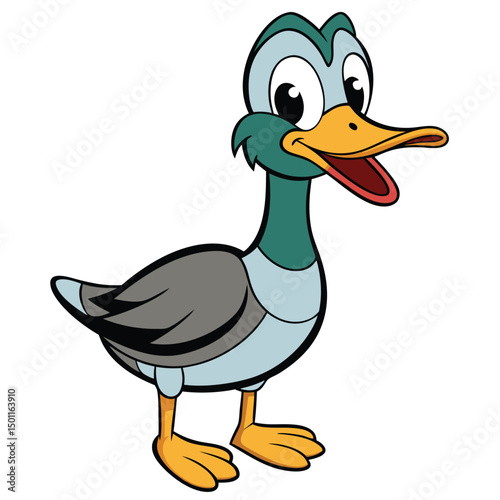 Cartoon duck with a cheerful expression stands on its yellow webbed feet happily