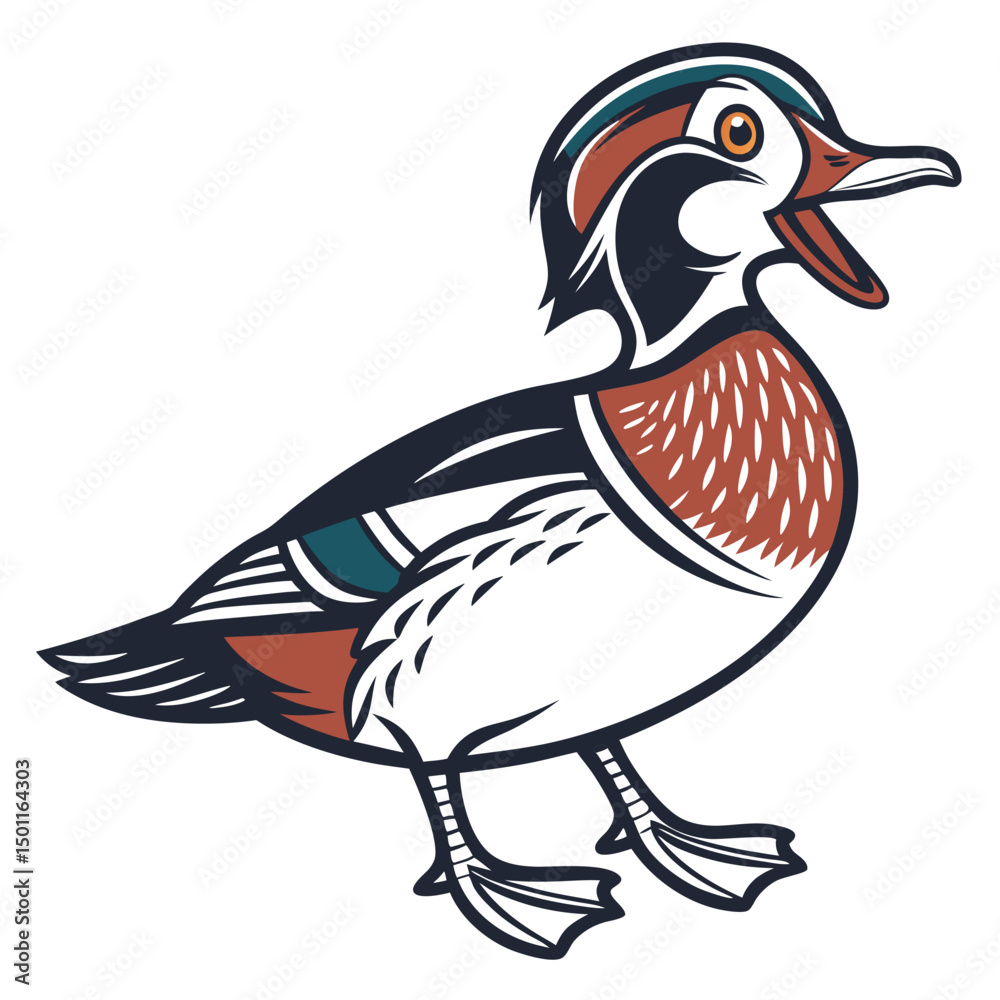 Obraz premium Unique wood duck with detailed features standing on its feet against a white backdrop