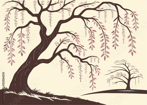Vintage-inspired Japanese tree design featuring graceful hanging branches, refined leaf structure and bold curved trunk — ideal for decorative backgrounds and cultural motifs  