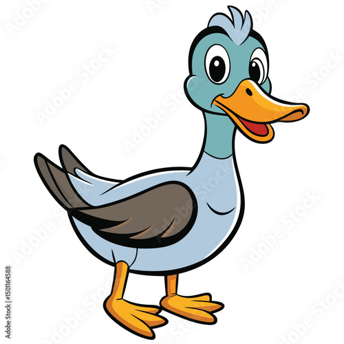 The happy cartoon duck is standing confidently with its orange feet on display here