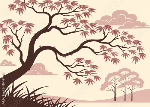 Ornamental vector illustration of a Japanese willow tree with flowing branches and slender leaves, designed in traditional ink-wash style for elegant wallpaper and textile use 