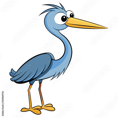 Goofy heron cartoon character with bright, round eyes stands playfully to the side