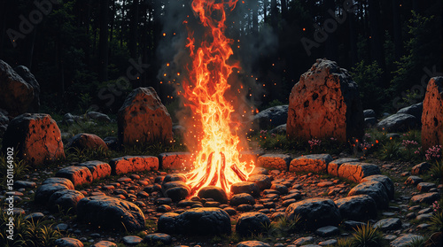 Ritual fire in center of stone circle at night with glowing effect  for festival flyers or music event visuals