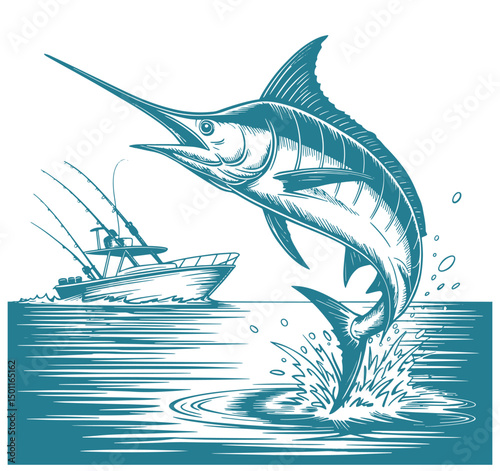 Striped Marlin Leaping from the Ocean near a Sport Fishing Boat