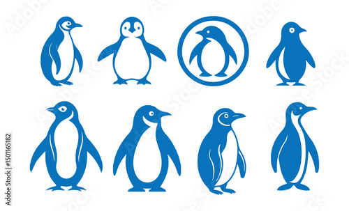 Blue silhouettes of penguins set on a white background, silhouette penguin different pose walking and skating, vector eps 10