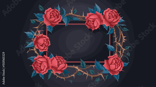 A beautifully designed vector frame featuring vibrant red roses and thorny branches, set against a dark backdrop. Perfect for invitations or romantic designs.