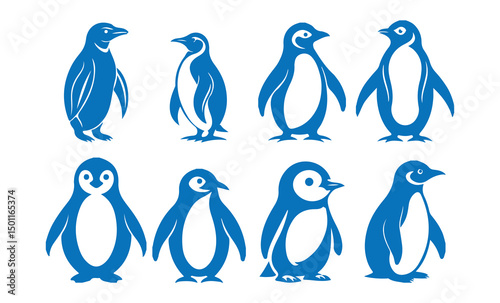 Blue silhouettes of penguins set on a white background, silhouette penguin different pose walking and skating, vector eps 10