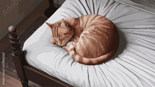 A tranquil scene featuring a curled-up orange tabby cat peacefully sleeping on a soft, rumpled bed sheet, creating a warm and inviting atmosphere. Ideal for cat lovers and comfort-themed des...