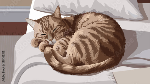 Charming vector illustration of a cozy, sleeping cat curled up on a soft bed. The warm colors and detailed fur texture create a peaceful, serene atmosphere perfect for pet lovers.