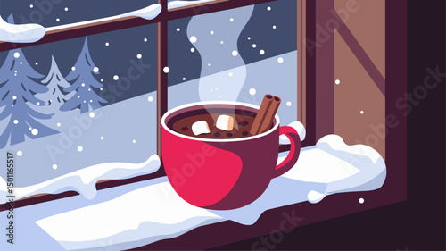 A warm cup of hot chocolate with marshmallows and a cinnamon stick sits on a snowy windowsill. The backdrop features snow-covered trees, creating a cozy winter atmosphere.