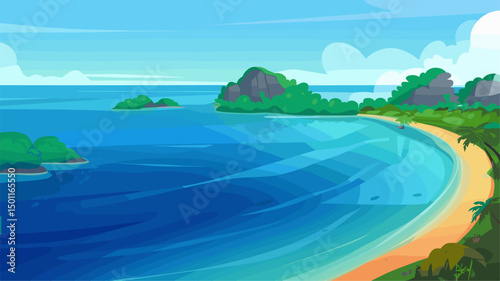 A vibrant illustration of a tranquil tropical beach, featuring calm blue waters, sandy shorelines, and verdant hills in the background, perfect for evoking relaxation and nature's beauty.