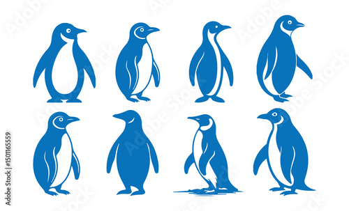Blue silhouettes of penguins set on a white background, silhouette penguin different pose walking and skating, vector eps 10