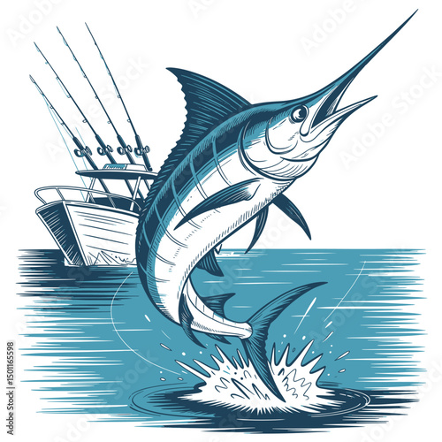 Striped Marlin Leaping from the Ocean near a Fishing Boat