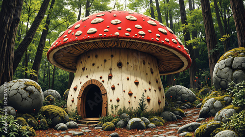 Bright red mushroom with tiny wooden door in enchanted forest   magical stylization, useful for fairy tale illustration or fantasy blog branding