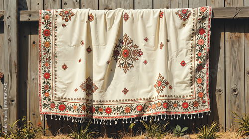 Ancient embroidered towel with folkloric patterns draped over a wooden fence in watercolor style  for home decor prints or cultural websites
