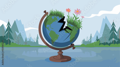 This vector illustration showcases a cracked globe topped with grass and flowers, featuring a tranquil landscape. It represents the fragility of our planet and highlights environmental chall...