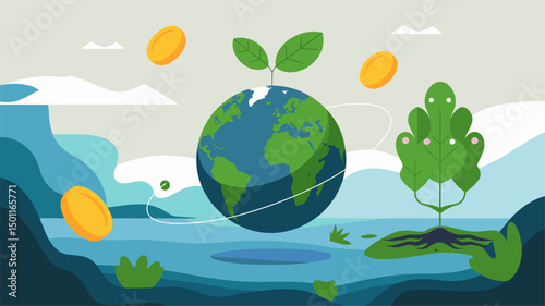 Illustration depicting a vibrant Earth with green plants and coins, symbolizing sustainability and economic growth in harmony with nature. A creative take on ecology.