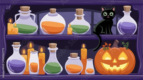 A whimsical Halloween scene featuring a shelf filled with colorful potion bottles, candles, and a playful black cat beside a carved jack-o'-lantern. Perfect for spooky decorations.