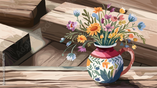 A vibrant bouquet of wildflowers arranged in a beautifully painted jug, placed on a rustic wooden table. A charming and cheerful decoration for home or event.