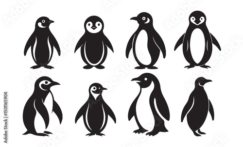 Black silhouettes of penguins set on a white background, Collection of penguins' silhouettes. vector illustration eps 10