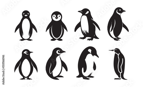 Collection of penguins' silhouettes. penguin different pose walking and skating. vector illustration