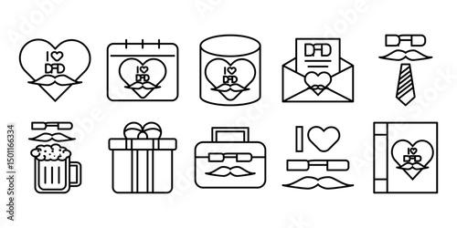 A complete set of Father’s Day icons including hearts, gifts, ties, and love symbols. Ideal for versatile design needs.
