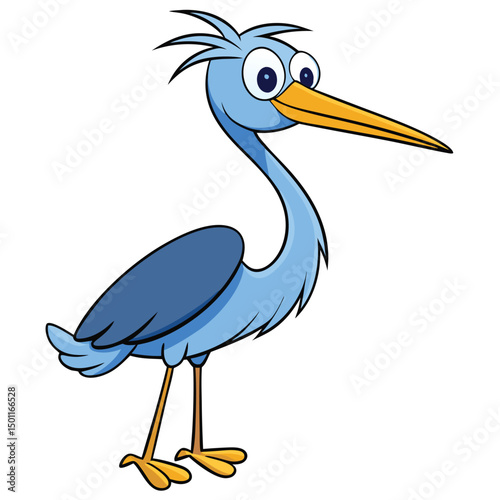 The cute blue cartoon heron is standing, looking towards the viewer in a happy mood