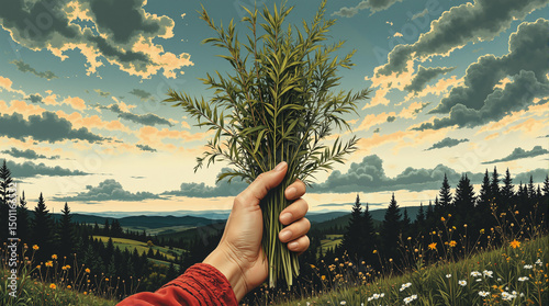 Hand holding wild herbs against twilight sky in rustic illustration style   for organic packaging or nature blogs