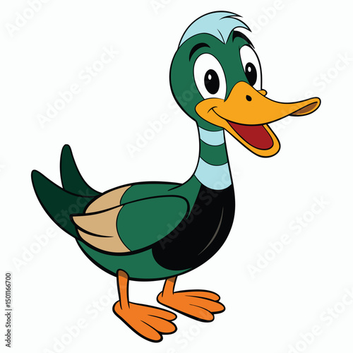 Cartoon mallard stands cheerfully, looking forward with a bright yellow beak and orange feet