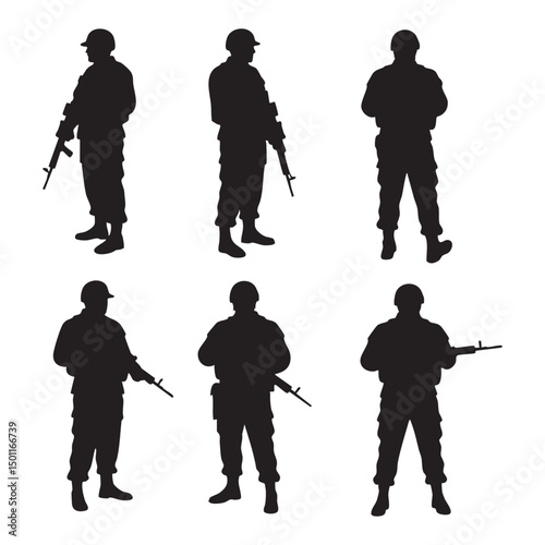 Silhouette set of soldier on white background