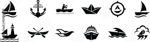 Set of nautical vector icons in black silhouette style featuring boats, anchors, lighthouses, and marine symbols. Perfect for sea-themed design projects. Simple, bold, maritime graphics.