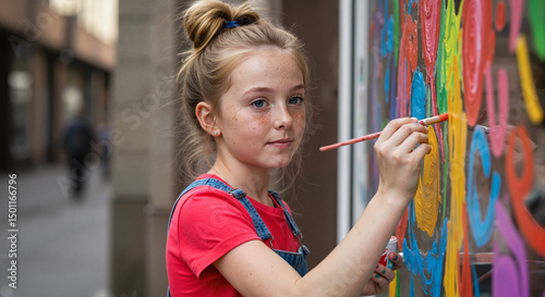Girl painting colorful designs on shop window in urban setting  