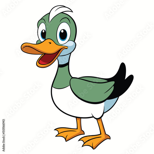 Cartoon duck with vibrant orange beak happily stands and looks forward on white background