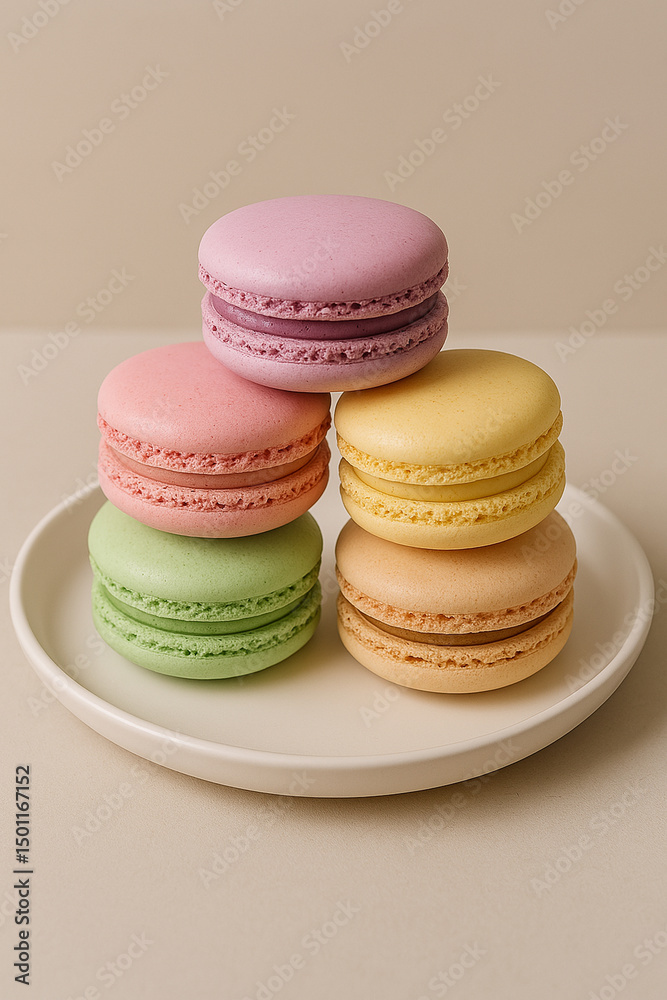 Obraz premium Pastel macarons stacked on a white plate
