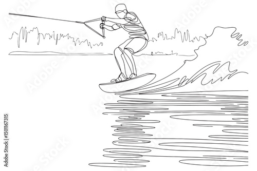 Wakeboarding on a Lake at Sunset Line Art Illustration