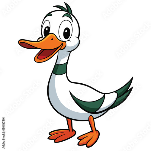Happy cartoon duck with an orange beak is standing and smiling cheerfully