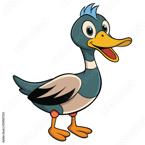 Isolated cartoon duck with gray feathers and yellow bill smiling brightly on white backdrop