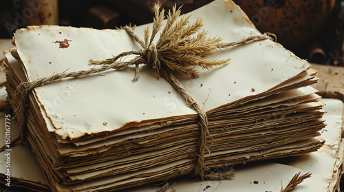 Stack of old letters tied with string and dried flower in warm dusty palette  for romantic or nostalgic branding