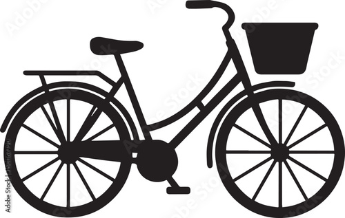 Black and White Silhouette of Bicycle with Front Basket – Minimalist Design, vintage bicycle with a basket and rear carrier