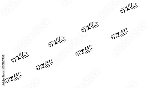 Footprints of shoes walking form a pattern of sequential steps, depicting movement, journey and activity, a dynamic visual suitable for themes of adventure, exploration or life's journey.
