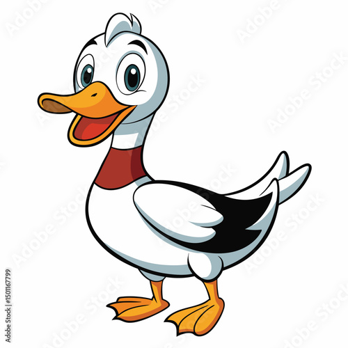 Happy cartoon duck is standing and smiling cheerfully in a clean, crisp image