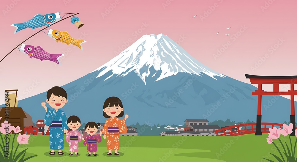 Obraz premium Happy Family Celebrating in Japan with Mount Fuji