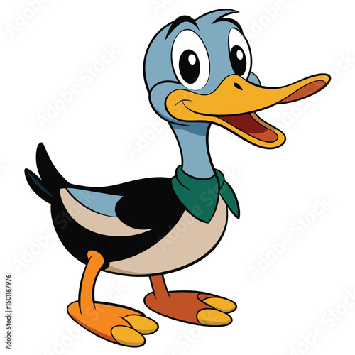 Cartoon mallard duck with green neckerchief cheerfully waddles on a white backdrop