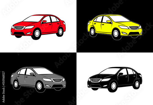 Rental car icon in colorful and black&white designs on contrastic background for travel and transportation concept