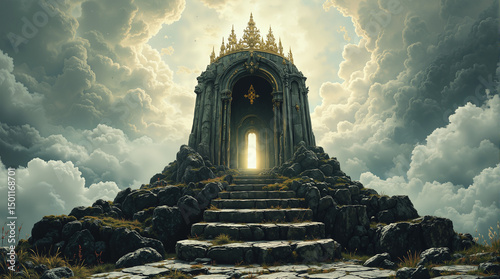 Majestic temple entrance with towering clouds and light at dusk  