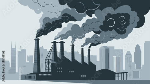 This vector image showcases a silhouette of an industrial factory emitting smoke, set against a stylized cityscape. It highlights urban manufacturing and pollution themes.