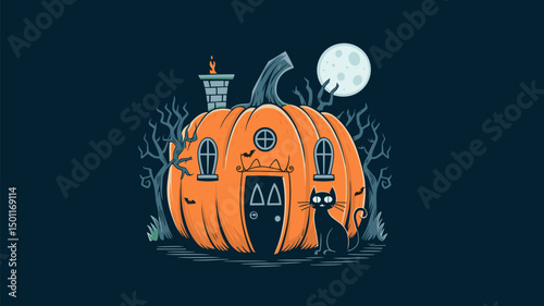 A charming illustration of a pumpkin-shaped house featuring a black cat, surrounded by spooky trees and a full moon. Perfect for Halloween-themed designs.
