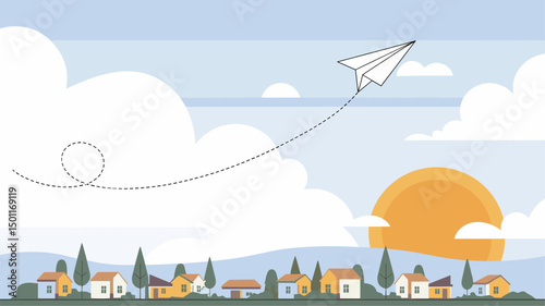 Charming vector illustration featuring a paper airplane soaring through a colorful sky, with a vibrant sunset and quaint houses below, perfect for creative projects.