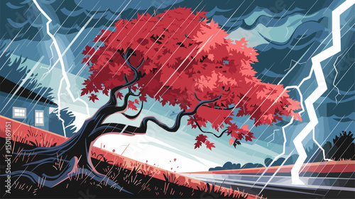 A dramatic vector illustration featuring a striking red maple tree during a intense storm. Dark clouds loom overhead with vivid lightning strikes and heavy rain, creating a dynamic atmospher...